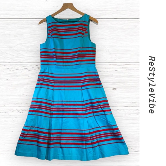 Talbots Dresses & Skirts - TALBOTS Women’s Size 10 Dress Retro Stripes Blue Red Stretch Pleats Sleeveless